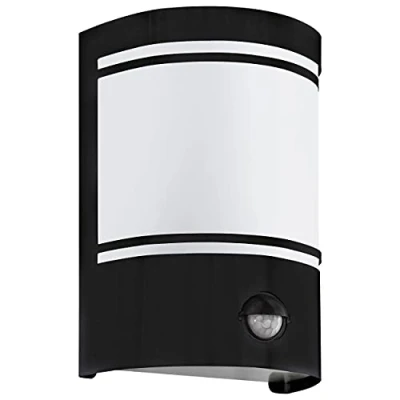Imagen de Eglo lámpara de pared exterior Cerno, con detector movimiento, sensor crepuscular, acero galvanizado en negro, cristal satinado blanco, E27, IP44