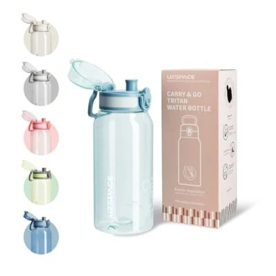 Imagen de UZSPACE botella de agua deportiva para niños, 600 ml, a prueba fugas, sin BPA, apta lavavajillas, con tapa abatible escuela, universidad y exterior