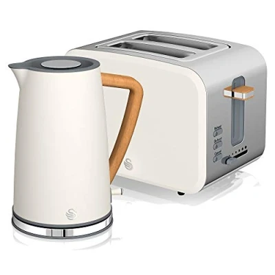 Imagen de Swan Nordic Set Desayuno Hervidor de agua inalámbrico 1,7L 2200W, Tostadora Pan ranura ancha 2 rebanadas, 3 funciones, diseño moderno, efecto madera, blanco