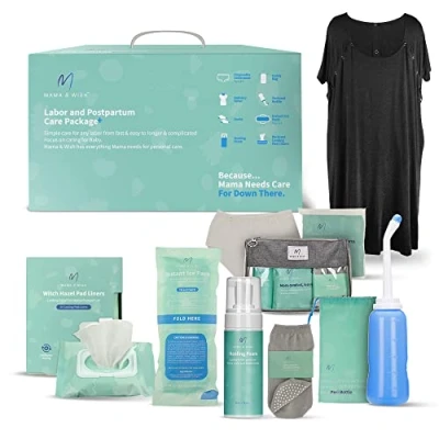 Imagen de Kit de cuidado posparto para mamá (14 piezas) Incluye bata parto y parto, botella Peri, espuma hamamelis, forros almohadilla mucho más. Con elementos esenciales hospital mujeres