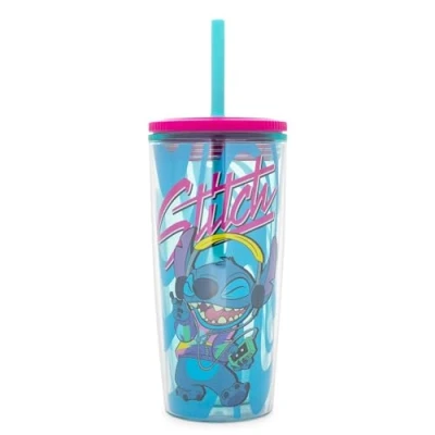 Imagen de Disney Lilo &amp; Stitch vaso de plástico con tapa resistente a fugas y popote reutilizable, viaje doble pared para bebidas, capacidad 20 onzas