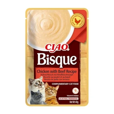 Imagen de INABA Churu Bisque Puré para Gatos Snacks Receta Pollo con Carne Premios Saludables Sin Cereales, Conservantes, Colorantes Sólo 16 Calorías 40g