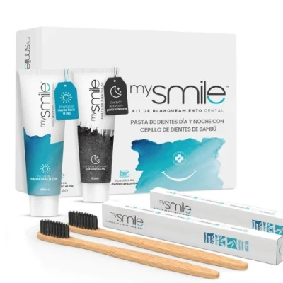 Imagen de Pasta de Dientes Blanqueante 2 Cepillos Bambú 1 menta Carbón Activo, mysmile Kit Blanqueador Dental Natural para Día y Noche Eliminador Sarro
