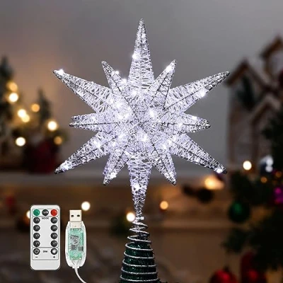 Imagen de Lewondr Estrella para Copa del Árbol, 28CM Adorno Árbol de Navidad con 8 Modos Luces por USB Mando a Distancia &amp; Temporizador, Gran Topper Decoración Navideña Hogar, Plata