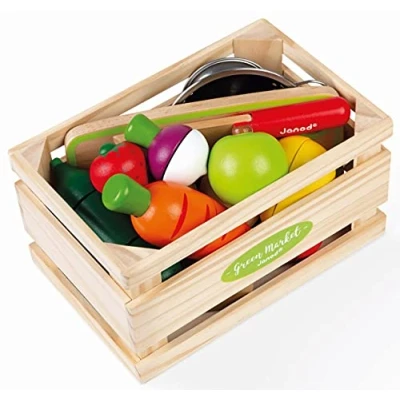 Imagen de Janod Maxi Set de frutas y verduras Green Market Cajón mercado con 9 para cortar velcro Tabla cuchillo madera Colador metal A partir 3 años, J06607