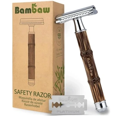 Imagen de Bambaw Maquinilla de Afeitar Hombre Clásica con Cuchilla Clásica, Doble Filo Barba, Safety Razor Mango Bambú