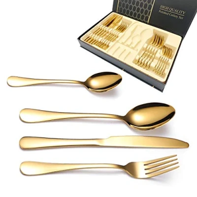 Imagen de Emsmil Juego de Cubiertos Dorados Acero Inoxidable 24 Piezas Cuberteria Servir para 6 Personas Cuberterías Combinadas Cocina Diseño Modernas Completas Acabado Pulido Brillante
