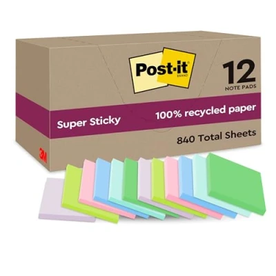 Imagen de Post it Super Sticky Notas Recicladas, 12 Blocs, 70 Hojas por Bloc, 47.6 mm x mm, Rosa, Verde, Azul, Morado, Amarillo Extra Adhesivas Fabricadas con Papel 100% Reciclado