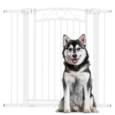 Imagen de PawHut Barrera para Perros Puerta con Ancho Ajustable 76 104 cm de Seguridad 2 Extensiones y Doble Bloqueo Escaleras Puertas Blanco
