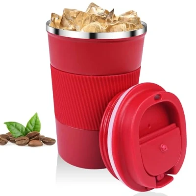 Imagen de Relota Taza de Café 380mL Rojo, Termo Cafe para Llevar 304 Acero Inoxidable Reutilizables Vaso Termico Antigoteo Coche, Hermético Frío y Caliente, Leche Té