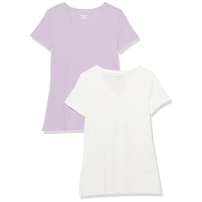 Imagen de Amazon Essentials Camiseta de Cuello en v Manga Corta y Ajuste Clásico Mujer, Pack 2, Lila Pastel/Blanco, S
