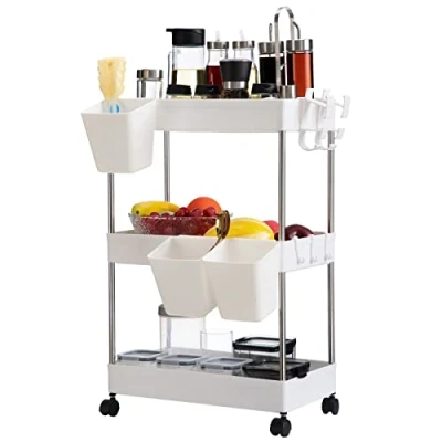 Imagen de DOEWORKS Carrito de Almacenamiento Cocina con Tazas Colgantes, Carro Servicios 3 Niveles Rodante Ruedas para Baño Dormitorio Oficina, Blanco