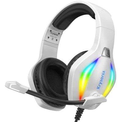 Imagen de Krysenix PG1 Auriculares Gaming para PS4/PC/Nintendo Switch/Xbox, Cascos PS5 con Micrófono, Cancelación de Ruido, Xbox One Conector 3.5 mm y luz RGB, Blanco