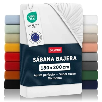 Imagen de Blumtal Basics Sábana Bajera Ajustable de Microfibra Cepillada para colchón 25 27 cm Altura, Cama 180: 180 x 200 30 cm, Blanco
