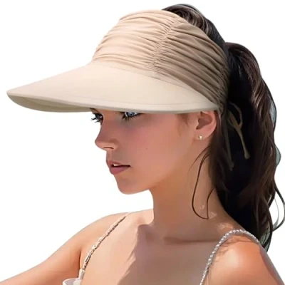Imagen de DRESHOW Mujer Sol Sombrero Al aire Libre UV Protección Plegable Ala Ancha Pesca Ponytail Playa Bucket Sombreros