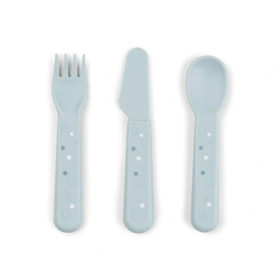 Imagen de Done by Deer Foodie Juego de cubiertos Happy Dots azules, perfecto para niños que aprenden a comer solos, 100% polipropileno grado alimenticio y libre PBA, fácil limpiar apto