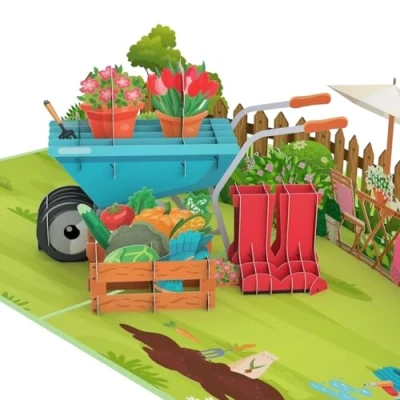 Imagen de MOKIO® Tarjeta Pop Up Jardín Cheque regalo 3D para un cumpleaños, como vale jardinería o centro jardinero, de felicitación emergente jardineros