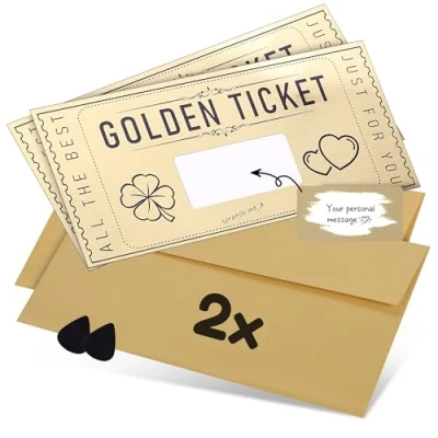 Imagen de DasWas 2x Tarjeta Regalo Rasca y Gana Golden Ticket Tarjetas personalizadas para Rellenar Personalizado en un Sobre Brillante + Herramienta de Rascado