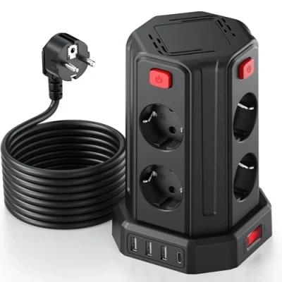 Imagen de 5M Torre Regletas Enchufes, Regleta USB 8 Tomas de AC Corrientes y 4 USB, 2500W/10A, Regreltas Vertical con Interruptor para Mesa, Oficia, Casa…
