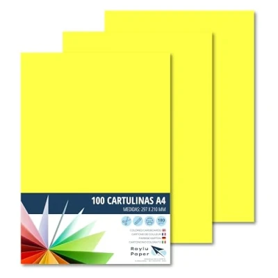 Imagen de Raylu Paper® Cartulinas A4 100 unidades de color Amarillo limón, Ideal para encuadernación, trabajos oficina, dibujo, manualidades. aptas uso escolar. (Amarillo Limón)