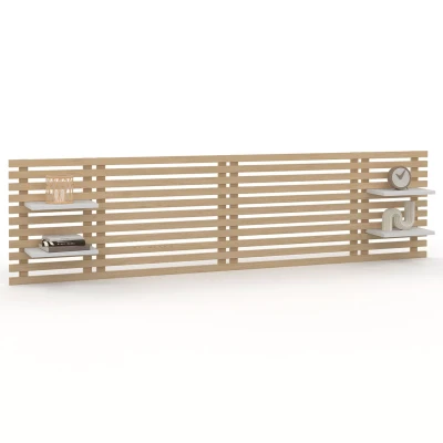 Imagen de IDMarket AVA Cabecero de cama, colgante, listones (240 cm, madera clara y estantes blancos)