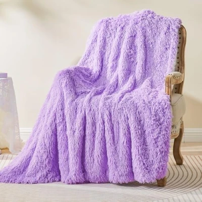 Imagen de EMME manta de piel sintética mullida, súper suave, gruesa y elegante, pelo largo, cálida acogedora reversible para sofá cama (morado, 130 x 150 cm)
