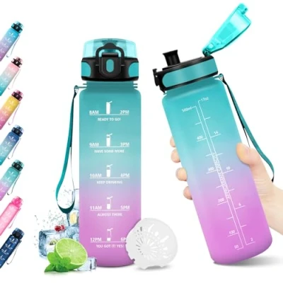 Imagen de KollyKolla Botella Agua Niños 500ml, Agua, Motivadora, sin BPA, Prueba de Fugas, Reutilizable Cantimplora para Niños, Adulto, Colegio, Gimnasio, Oficina, Bicicleta, Gym, Fitness