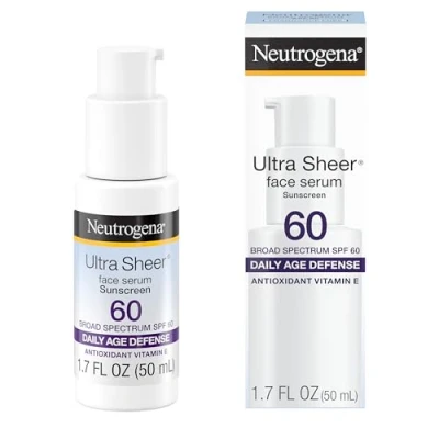 Imagen de Neutrogena Ultra Sheer Moisturizing Face Serum with Vitamin E &amp; SPF 60+, All Day Facial Sunscreen Broad Spectrum UVA/UVB Protection, Fragrance Free, Oxybenzone 1.7 oz