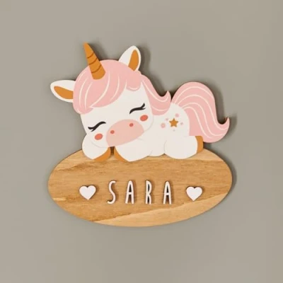 Imagen de WONDEE Vintiun Placa Decoración Habitación Bebé Infantil de Unicornio, Nombres Madera Personalizados para Puertas y Niñas Niño, Cosas/Regalos Originales Bebés
