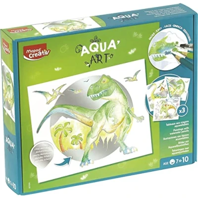 Imagen de Maped Creativ Aqua&#039;Art Dinosaurios Actividad de acuarela para niños colorear con lápices acuarelables + pincel agua sobre soportes metalizados 3 carteles y personalizar a