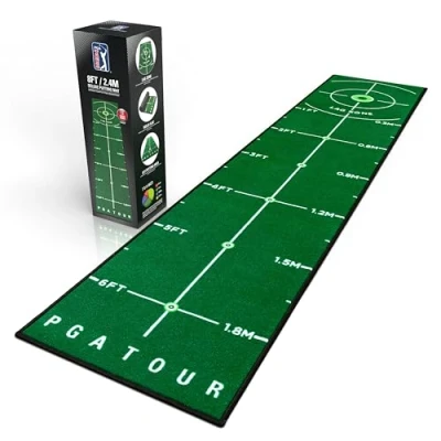 Imagen de PGA Tour alfombrilla de golf lujo 8 pies para interior, con directrices entrenamiento, objetivo agujero tamaño completo, área putt 6 pies, verde, bolsa