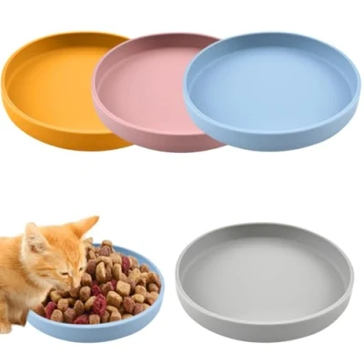 Imagen de 4 cuencos para gatos, comedero tricolor, 18 cm, cuenco de silicona ancho, comida seca y húmeda (azul, amarillo, rosa, gris)
