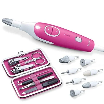 Imagen de Beurer MP 44 Set de manicura/pedicura, torno uñas eléctrico para el cuidado las con 7 accesorios, luz LED, incluye kit manicura manual y bolsa almacenamiento