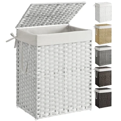 Imagen de SONGMICS cesta de lavandería tejida a mano, 23.8 galones (90 L), ratán sintético con tapa y asas, plegable, bolsa forro extraíble, blanco ULCB51WT