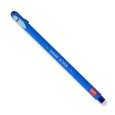 Imagen de Legami Bolígrafo de gel borrable, esfera en un extremo para borrar la tinta sin estropear hoja, azul termosensible, punta 0,7 mm diámetro, tema tiburón.