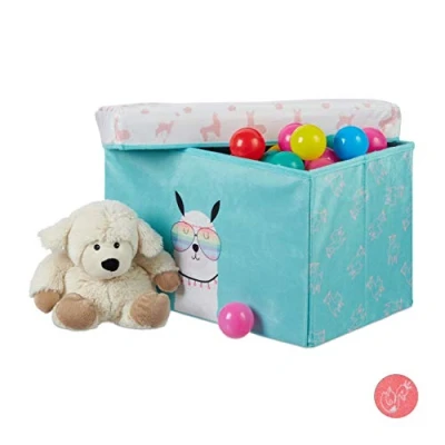 Imagen de relaxdays Baúl Juguetes Llama, Plegable con Tapa, Puff Almacenaje Infantil 33 l, 31x48,5x31 cm, Poliéster DM, Turquesa, 31x48.5x31 cm