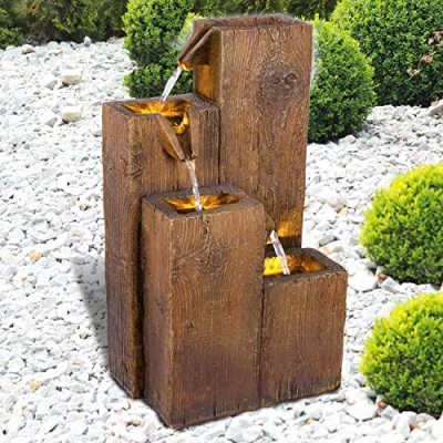Imagen de Fuente de jardín y Agua COLUMNAS Madera con luz LED Cascada para jardín, Estanque terraza, balcón