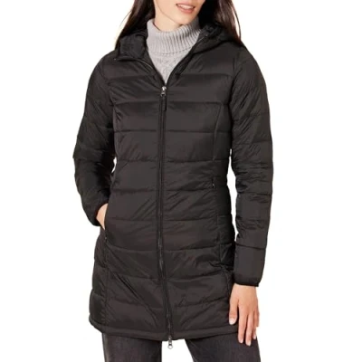 Imagen de Amazon Essentials Abrigo acolchado ligero y resistente al agua con capucha (disponible en tallas grandes) Mujer, Negro, XL