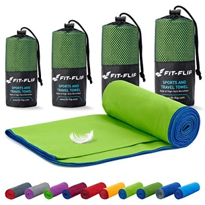 Imagen de Fit Flip Toalla Microfibra Toallas microfibras para el Gimnasio y Viaje Gym compacta, Ultraligera de Secado rápido Playa Grande Natacion (50x110cm Verde Borde Azul Oscuro)
