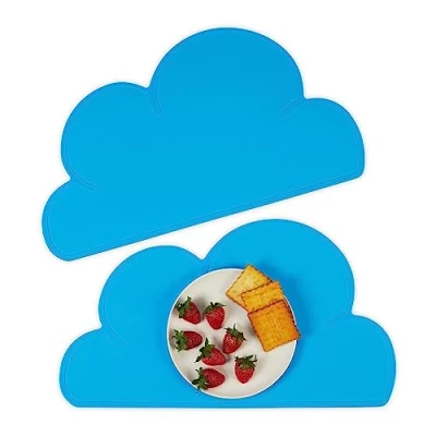 Imagen de Relaxdays Manteles Individuales Infantiles, Set de 2, Nube, Antideslizantes, Lavables, 47,5 x 26,5 cm, Azul, Silicona