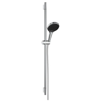 Imagen de hansgrohe Rainfinity, set de ducha ahorro agua, mano (EcoSmart) con barra 90cm, soporte y Designflex flexo textil 160cm, 3 tipos chorro, cromo