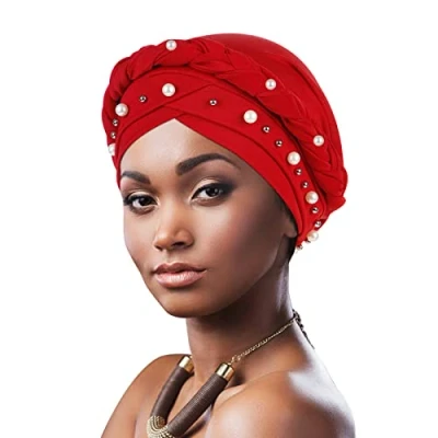 Imagen de DRESHOW Turbante Africano para Mujeres Preatado Trenzado Envoltura de Cabeza Sombreros Moda Gorra Dormi Gorro cáncer quimio