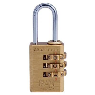 Imagen de IFAM Candado de Combinación Serie C20R, 21mm Longitud, Latón, Máxima Seguridad, Suavidad Rodillos, Con Clave y Más 10.000 Combinaciones, Ideal Maletas, Bolsas, Maletines Equipajes