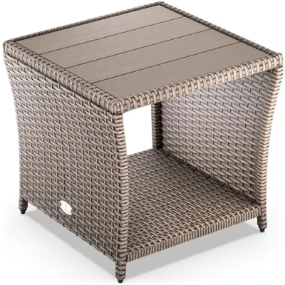 Imagen de CASARIA Mesita Auxiliar de Poliratán Balcón Jardín 45x45x40cm Tablero WPC Mesa Altura Ajustable Crema