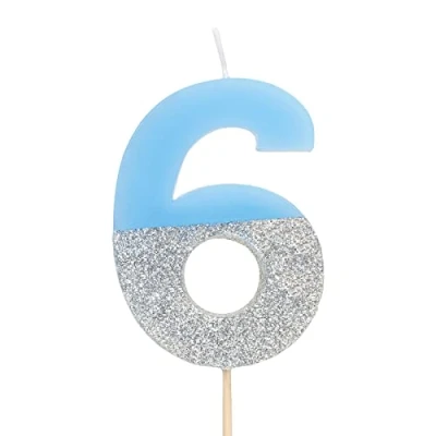 Imagen de Velas de cumpleaños con números 0, 1, 2, 3, 4, 5, 6, 7, 8, 9, 10, 18, 25, 30,40, 50 color azul y glitter plata (Número 6)