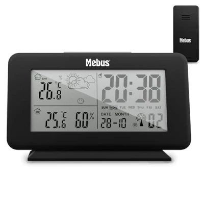 Imagen de MEBUS digitale Funk Wetterstation mit Außensensor, Thermometer innen/aussen, Temperatur, batteriebetrieben, Wettervorhersage, Farbe: Schwarz, Modell: 40689