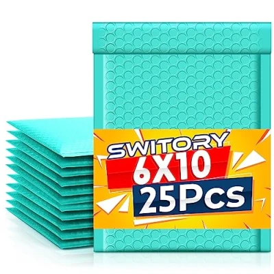 Imagen de Switory 25 sobres acolchados de burbujas A5 15,2 cm x 22,9 a granel # 0, bolsas plástico con forro para envío, embalaje, autosellado, verde azulado