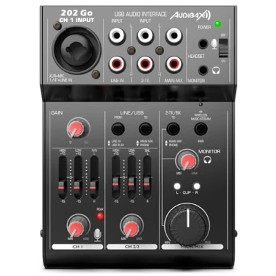 Imagen de Audibax 202 Go Mesa de Mezclas Sonido Mezclador Audio 3 Canales Entrada para Micrófono Interfaz USB Ecualizador 2 Bandas Alimentación 48 V Phantom Power