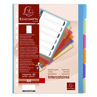 Imagen de Exacompta 3606E Separadores de polipropileno translúcido Chromaline con 6 pestañas neutras Página indexación imprimible Tamaño archivo A4 Colores surtidos translúcidos