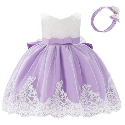 Imagen de Lito Angels Vestidos Elegante Bebe Niña en Flor de Encaje Bordado y Tul Morado, con Diadema Lazo, para Boda Fiesta Ceremonia, Talla 6 12 Meses 426 (Número Etiqueta 70)